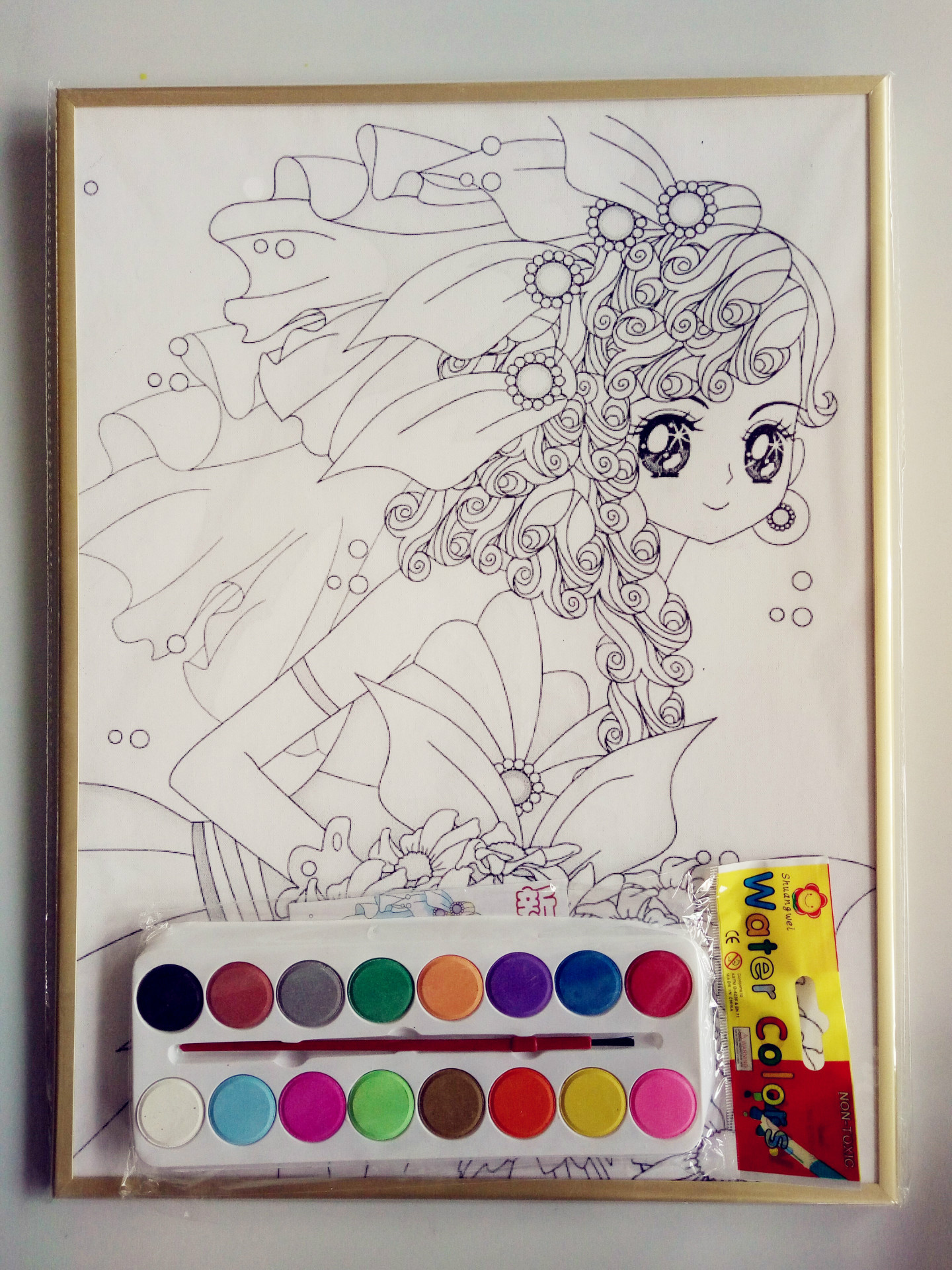 水彩画 儿童填色画 涂色画 diy颜料画带笔和12颜料diy水彩涂鸦画