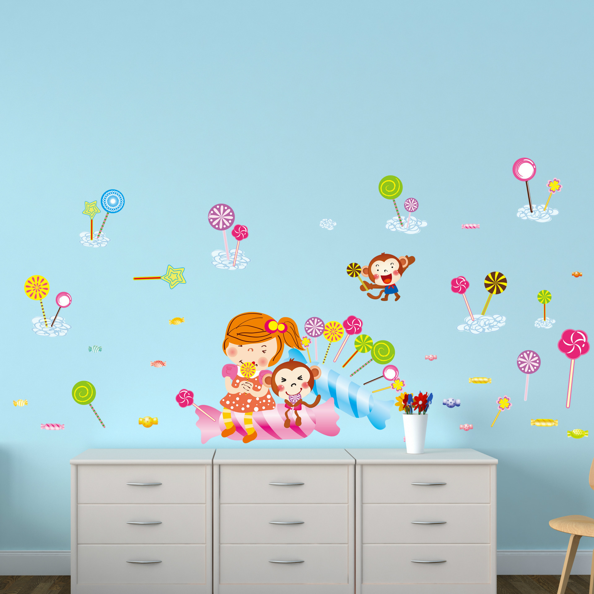 墙贴墙纸批发 卡通棒棒糖 儿童房卧室自粘可移除装饰墙贴dlx5459c