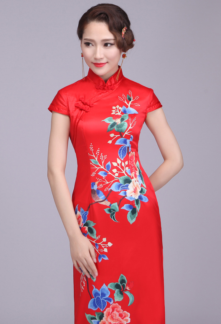2016新款 红色改良旗袍短袖低开衩手工