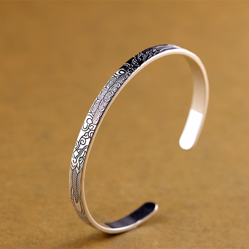 人品银品 泰银批发s925纯银饰品双龙雕花龙纹女士手镯