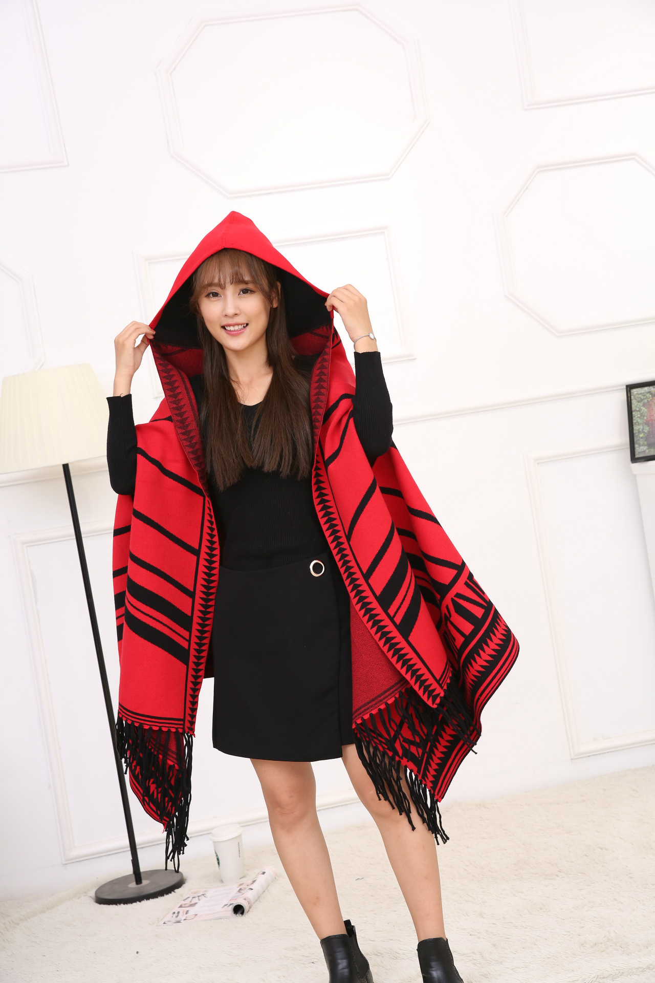 2016秋冬季条纹保暖流苏围巾貂绒披肩两用女士斗篷披肩