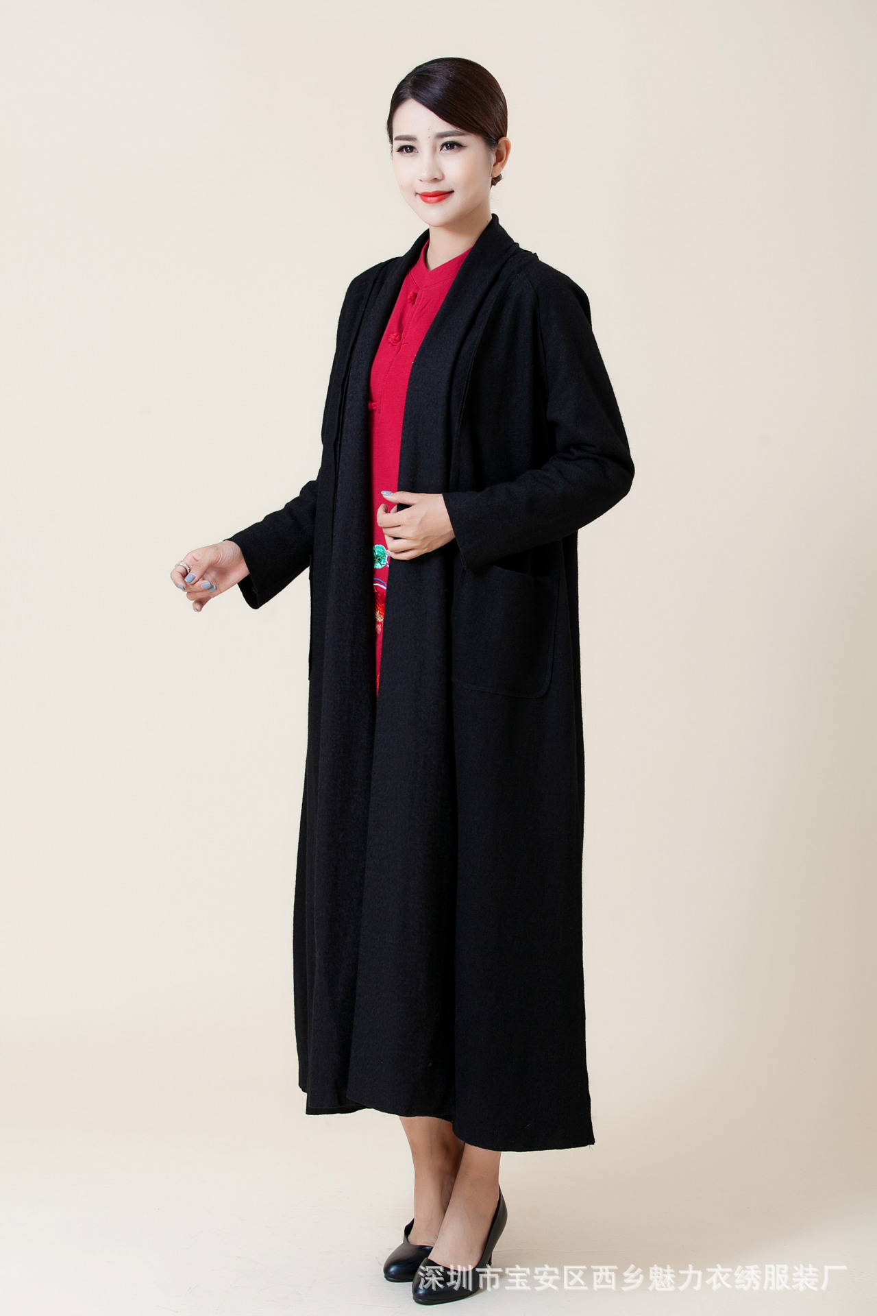 魅力衣绣民族风女装秋冬新款羊毛呢长外披绣花牡丹花长袍开衫外套