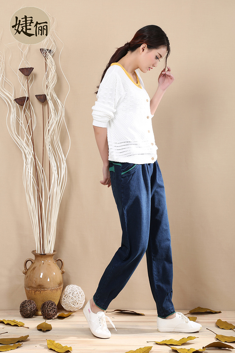 原创2016春秋新款水洗针织弹力斯琴女裤休闲大码松紧九分萝.