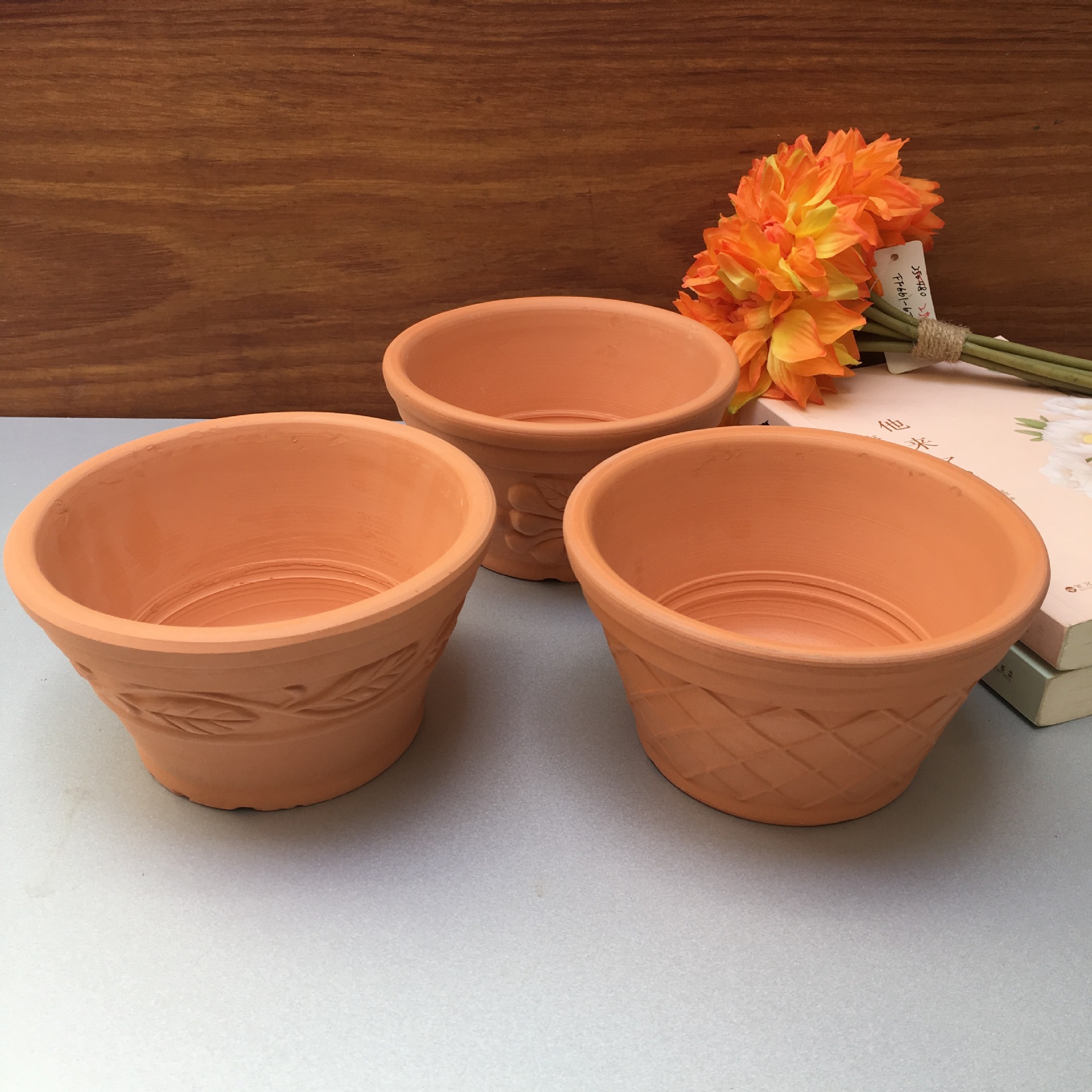 潮人居红陶花盆 粗陶陶土欧式浮雕花盆 素烧陶盆 阳台园林资.