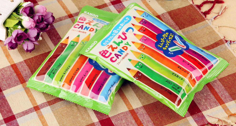 日本进口甘乐kanro彩色铅笔糖80g甘露牌水晶糖8味休闲