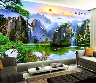电视背景墙纸 3d5d8d大型壁画客厅中式山水画 办公室流水生财壁纸