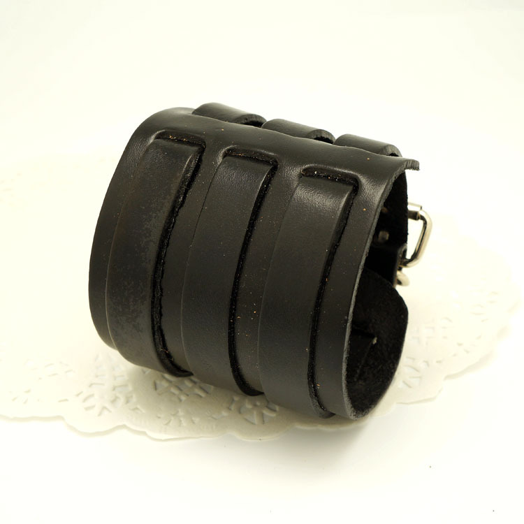 朋克风超宽皮头层皮牛皮手镯 男式复古三条皮带扣穿孔真皮手环