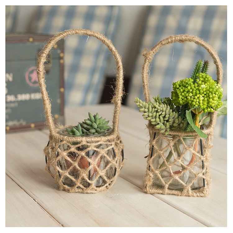 麻绳编织花篮铁架花盆花器防水内里收纳盒篮子家居杂物收纳筐