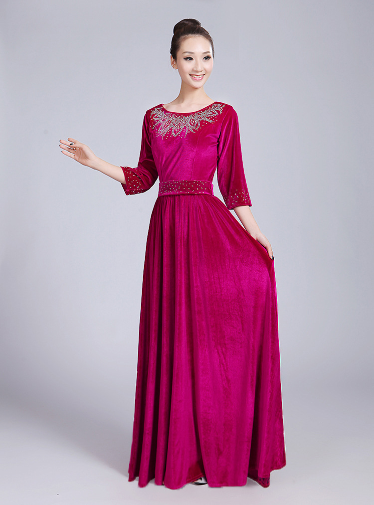 中老年大合唱服演出服长裙乐团指挥服礼服金丝绒合唱团舞台服装女