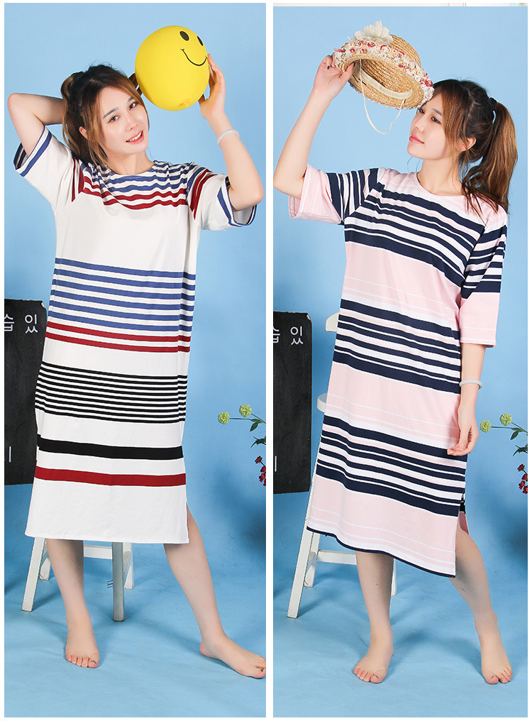 供应连体长款条纹女式家居服 透气舒适休闲条纹睡衣批发