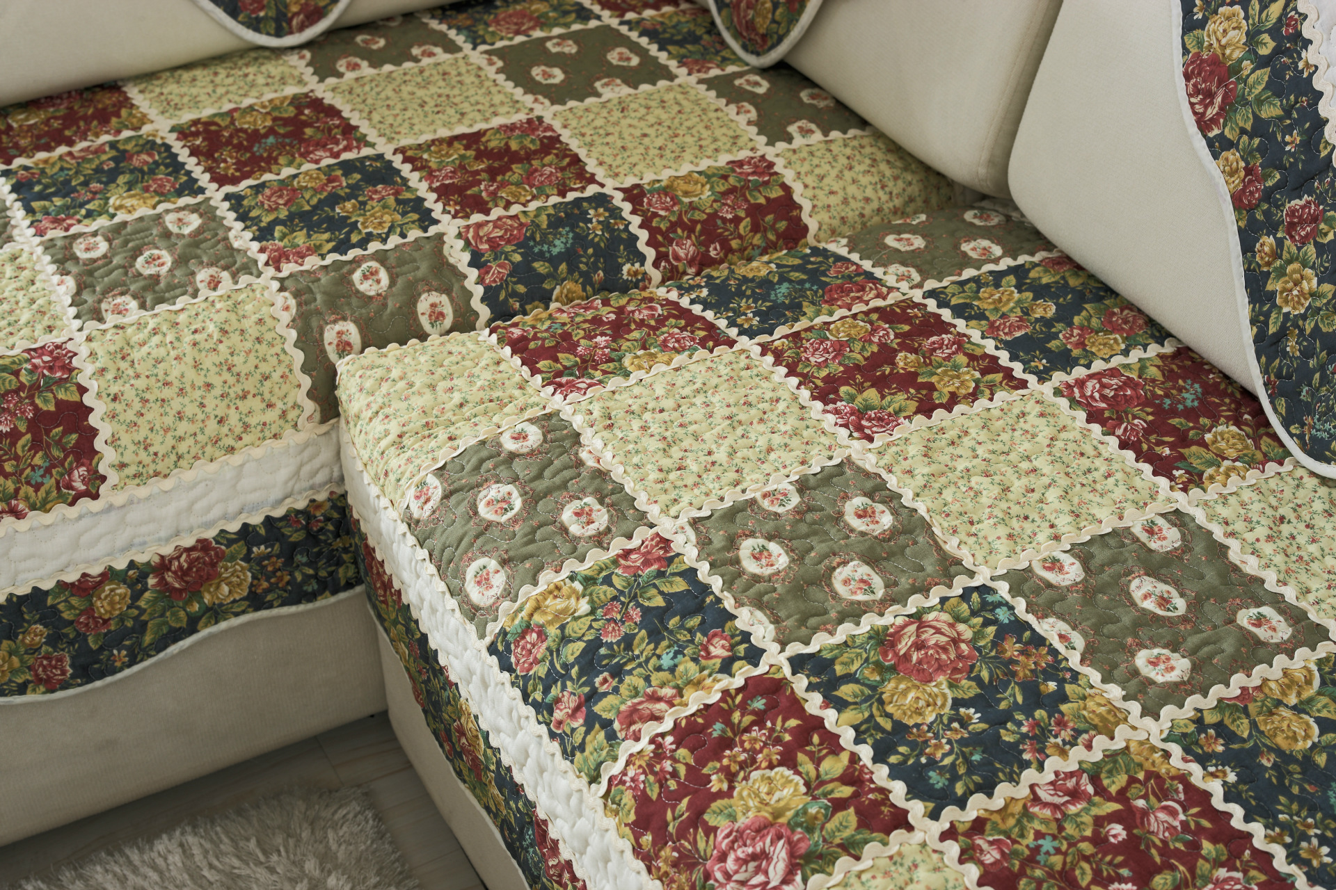 【米莱娅】纯棉沙发垫田园拼花防滑底可当坐垫地垫支持一件代发