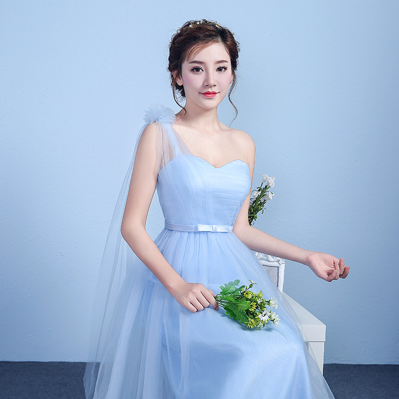 伴娘服长款2020新款夏季姐妹团一字肩韩式绑带蓝色毕业礼服定制