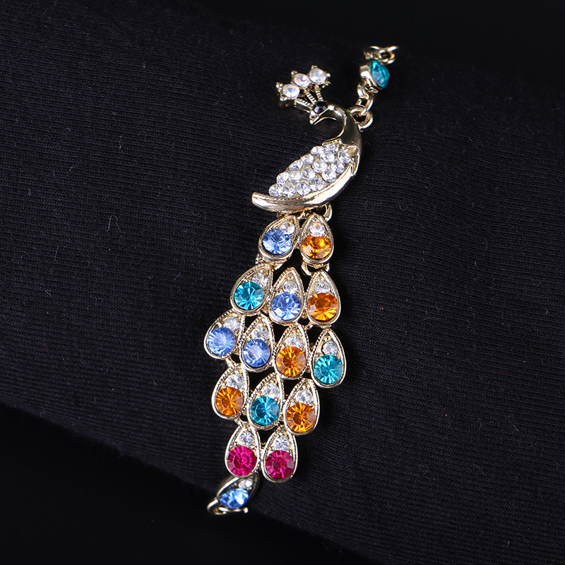 【唯展定制】欧美时尚个性手链 闪钻孔雀精灵 时尚七彩孔雀手链