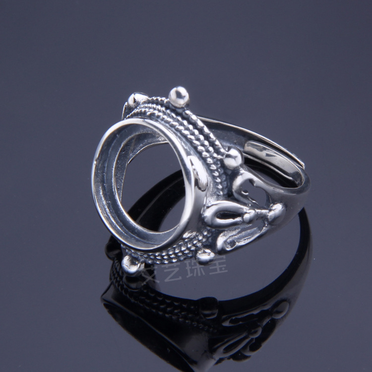 批发925银戒指托 泰银复古戒指空托 文玩diy蜜蜡戒托13*13