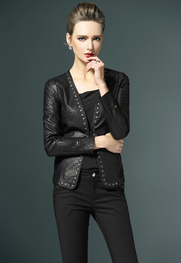 2016秋季新款女装大码柳钉皮衣女欧美皮