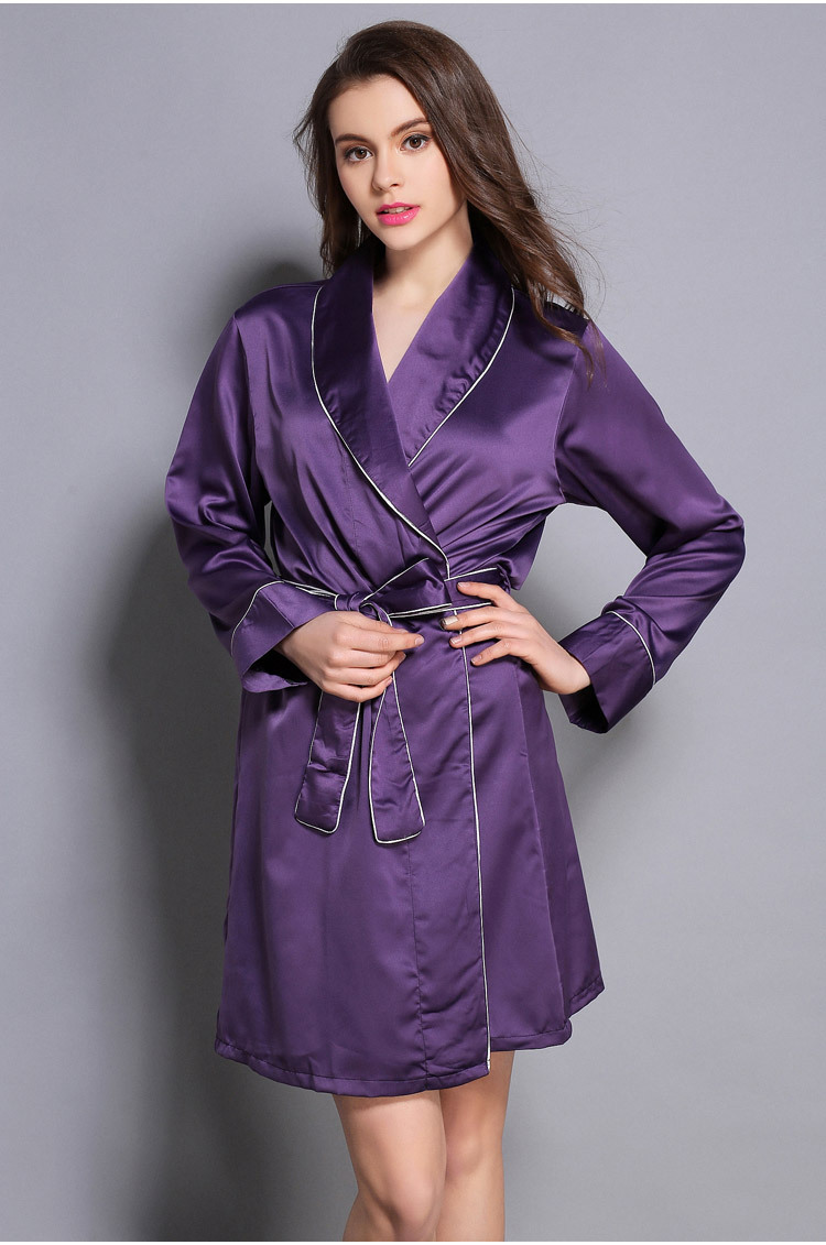 p3009春夏新款女式长袖仿真丝青稞领性感居家睡袍