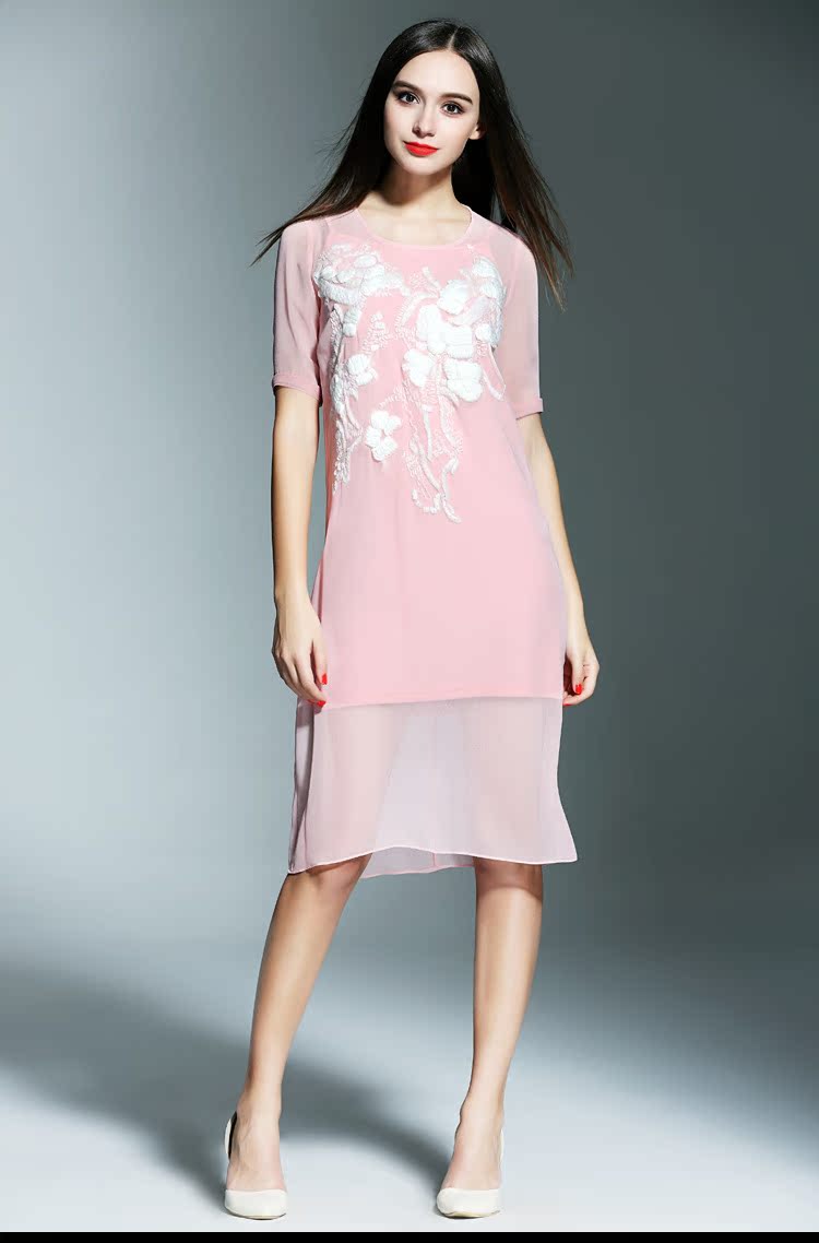 欧美2016夏季新款女装毛巾绣花气质高端 桑蚕丝两件套 真丝连衣裙