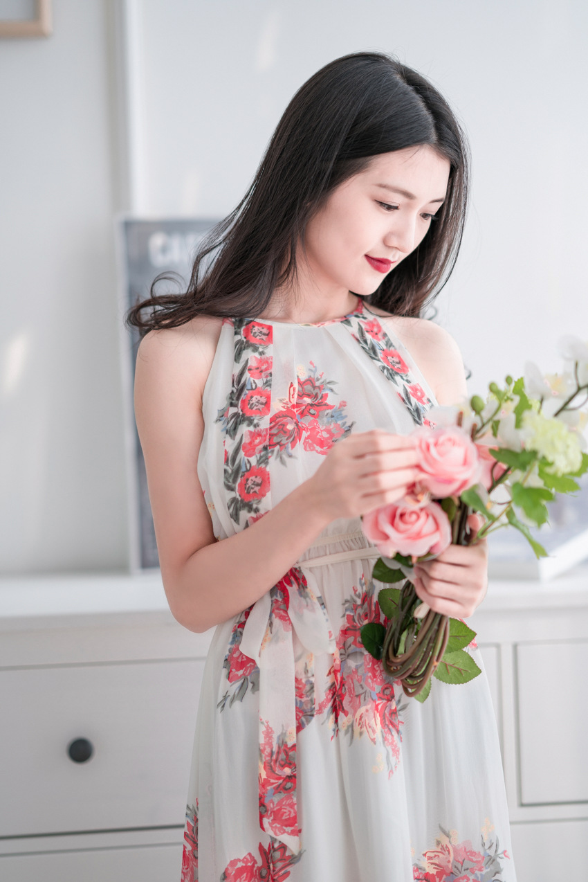 2016新款欧美风唯美淑女甜美公主文艺修身显瘦丝印花吊带连衣裙