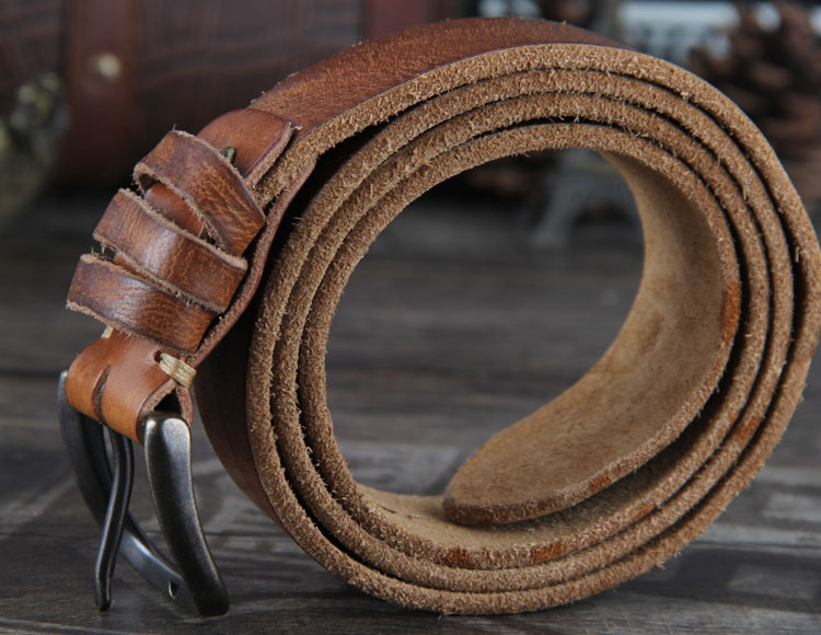 复古做旧牛皮褶皱男款针扣皮带头层疯马皮水-腰带,腰链,腰饰