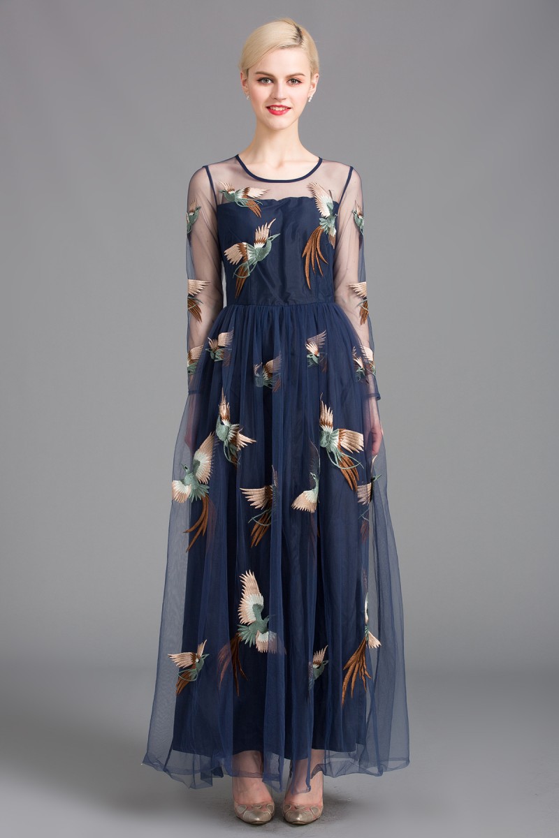 欧美大牌时尚高端气质长裙长袖网纱刺绣凤凰连衣裙1621