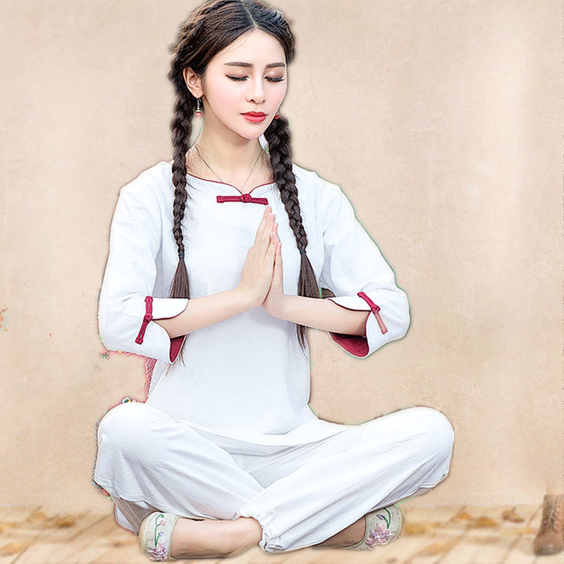 棉麻禅修瑜伽服套装女2016秋冬宽松休闲纽扣长袖长裤两件套居士服