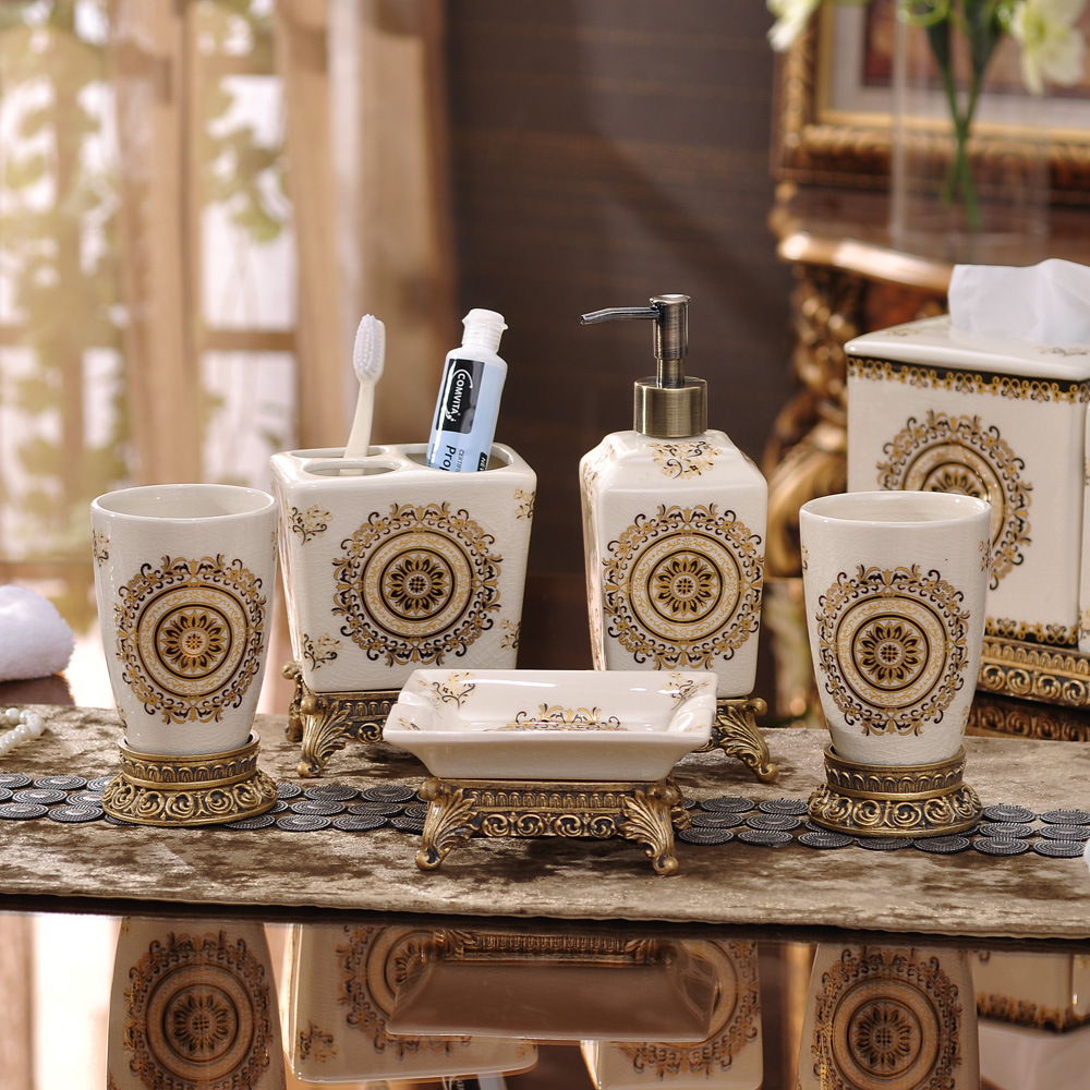 欧式陶瓷卫浴五件套浴室用品卫生间牙刷杯情侣漱口杯洗漱套
