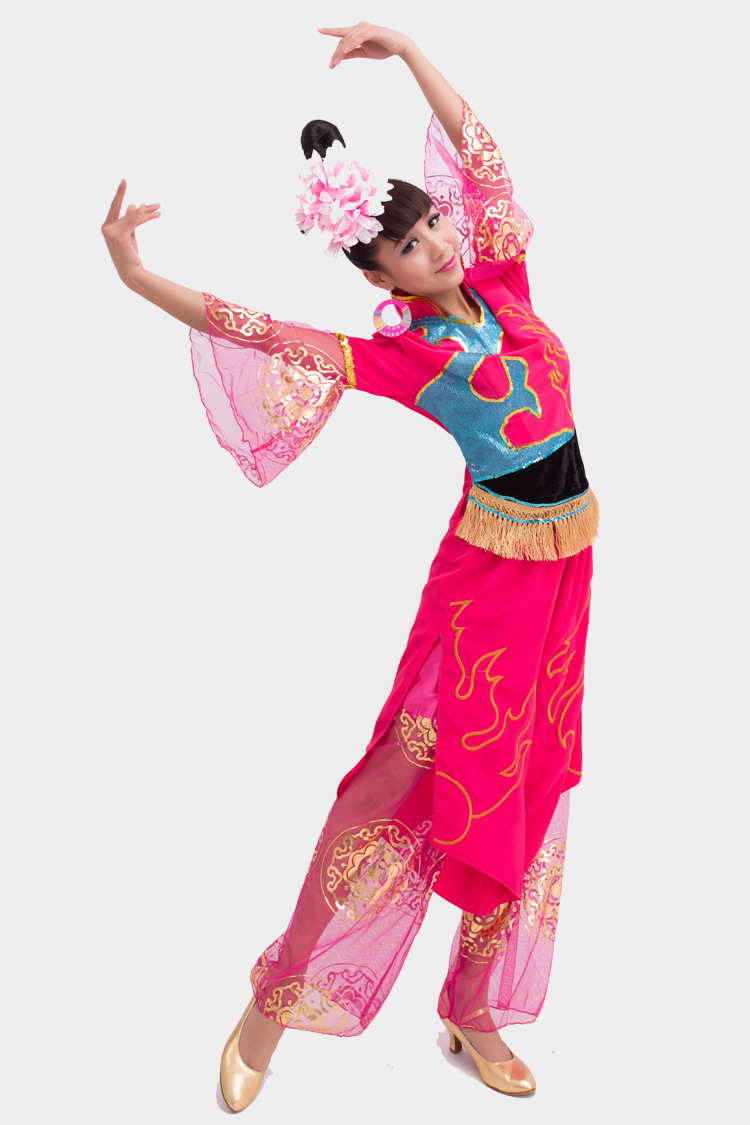 天魅中老年民族秧歌腰鼓广场舞扇子舞蹈舞台表演演出服装成年女