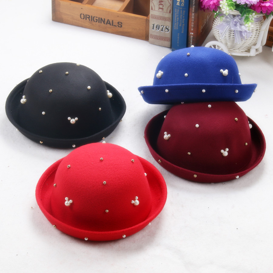 秋冬季新款儿童米奇珍珠小圆帽羊毛呢卷边圆顶帽子女宝宝遮阳礼帽