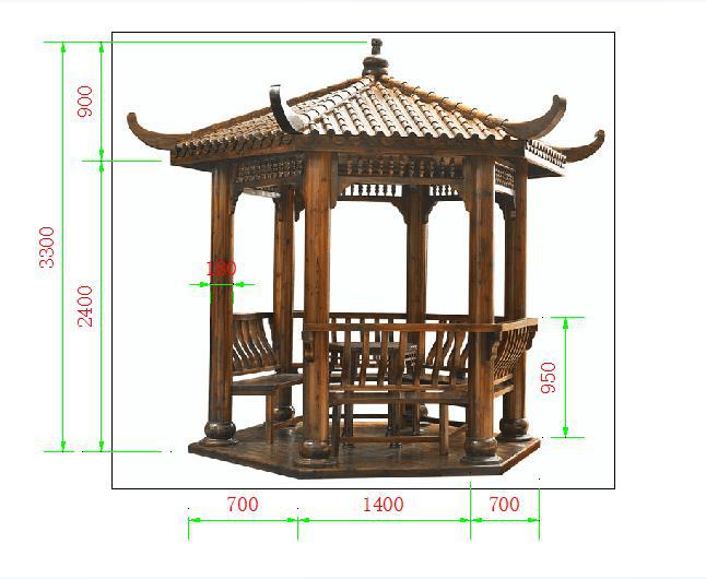 杉木/樟子松 颜色: 深棕色 尺寸:尺寸地板角对角2米8,也可定制 凉亭总