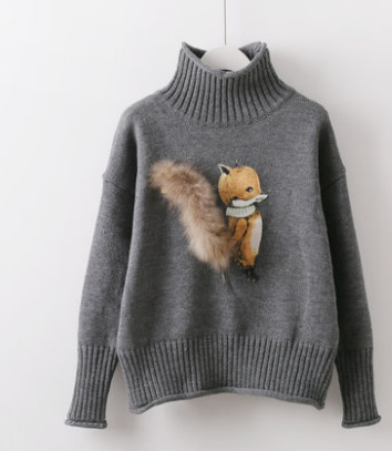 半高领毛衣女套头松鼠刺绣拼接针织衫秋冬季外套线衣韩版潮