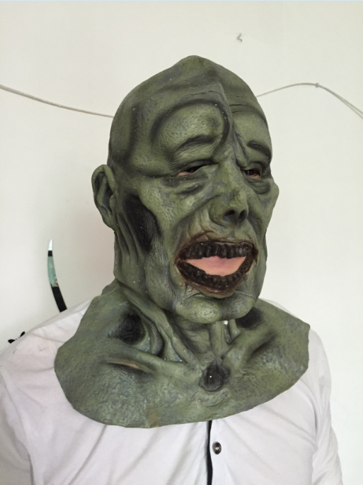 万圣节恐怖吓人面具/全包头绿脸面具/酒吧/电影表演面具/狼牙棒