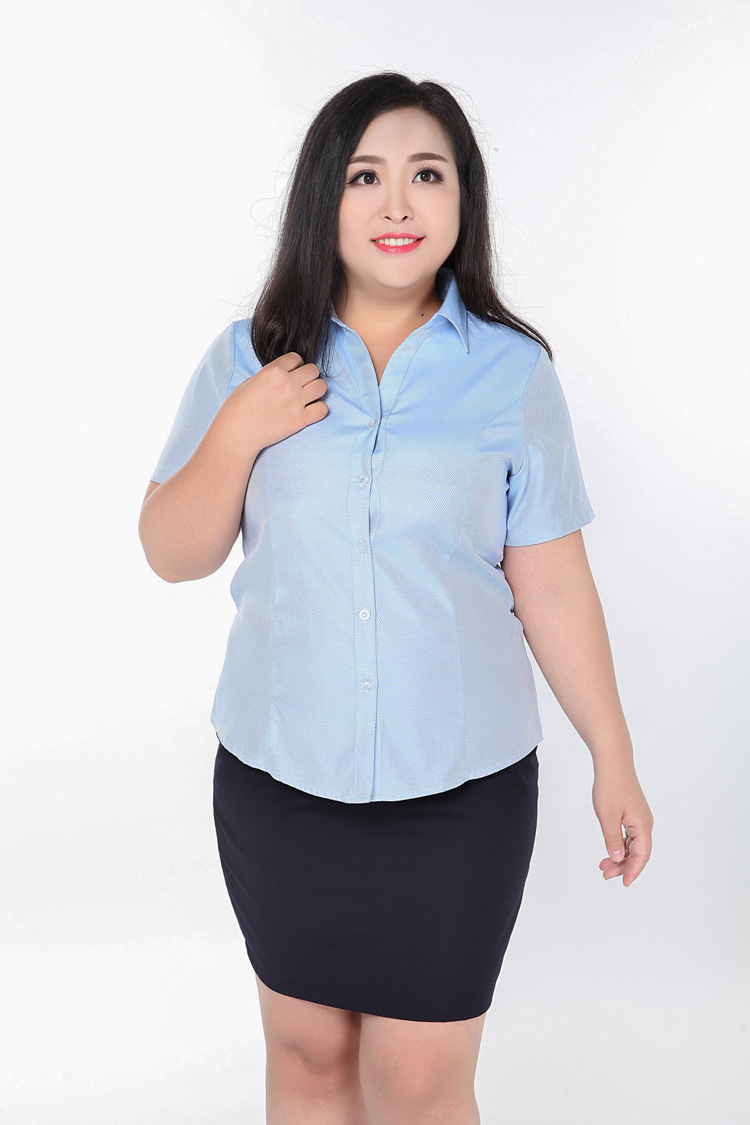 85#200斤职业v领大斜纹衬衣加肥加大短袖衬修身胖mm大码女装夏