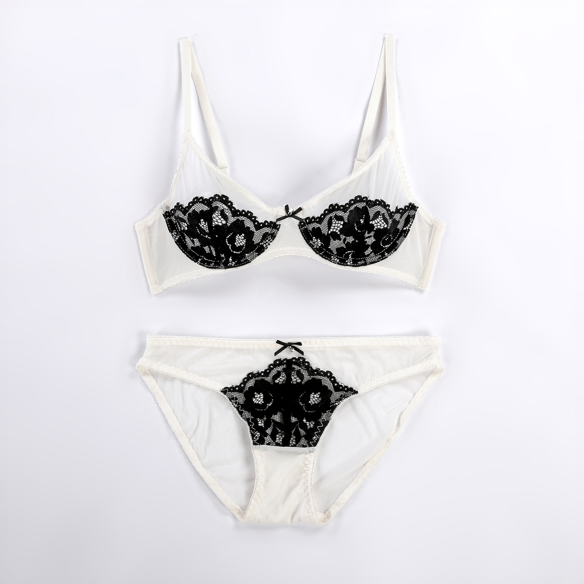 1602外贸欧美女士内衣超薄透明网纱蕾丝撞色文胸套装