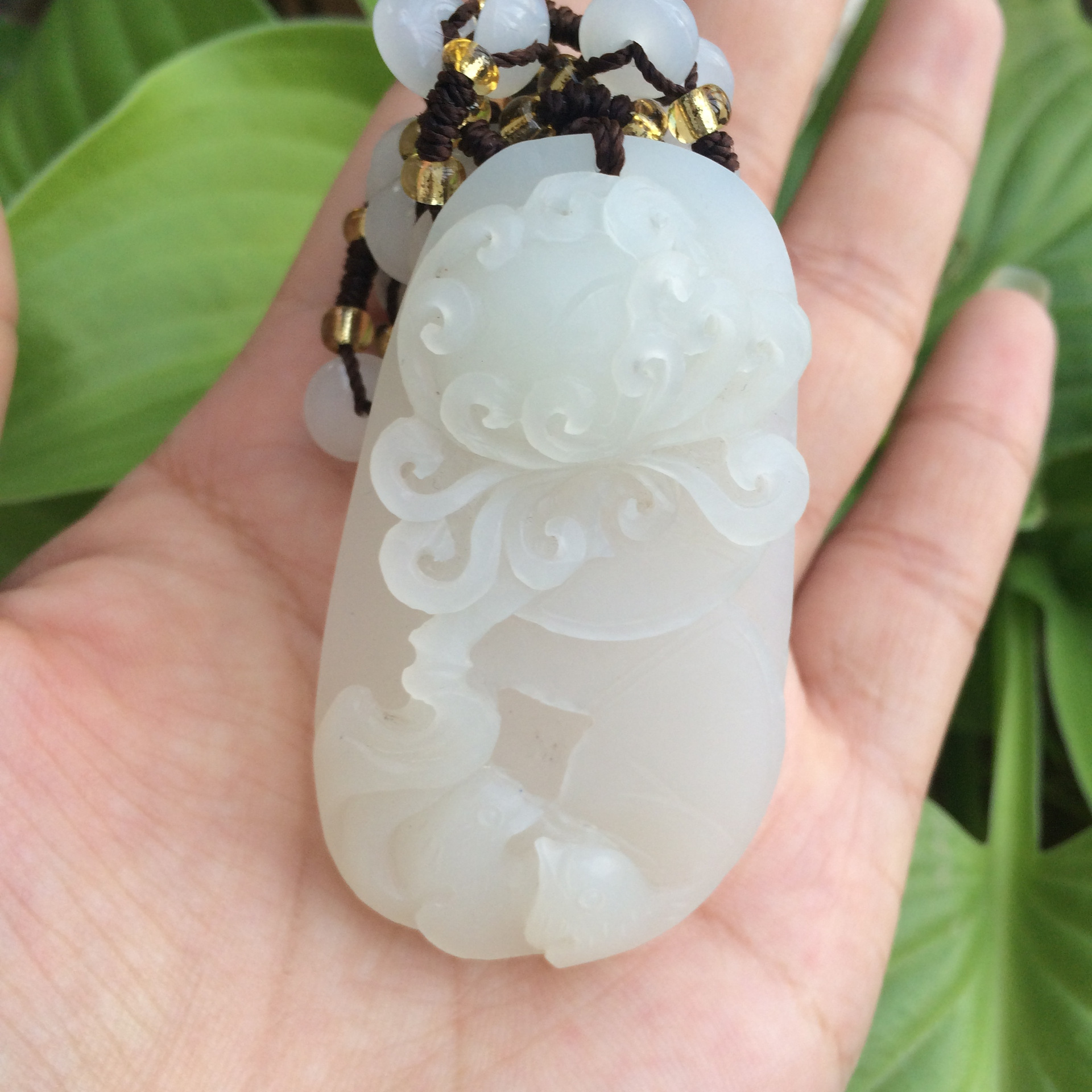 天然青海料白玉话来富贵挂件 纯手工雕刻昆仑料玉吊坠