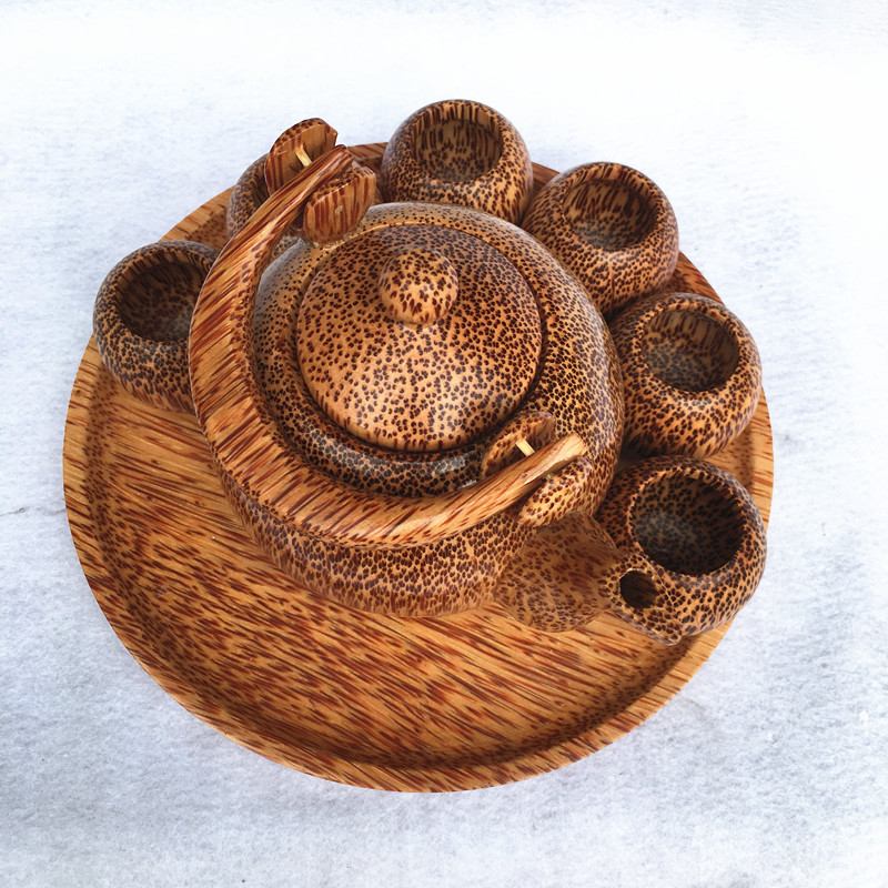 供应越南椰子木茶杯套茶壶8件套装木雕刻木质客厅餐厅桌面酒壶