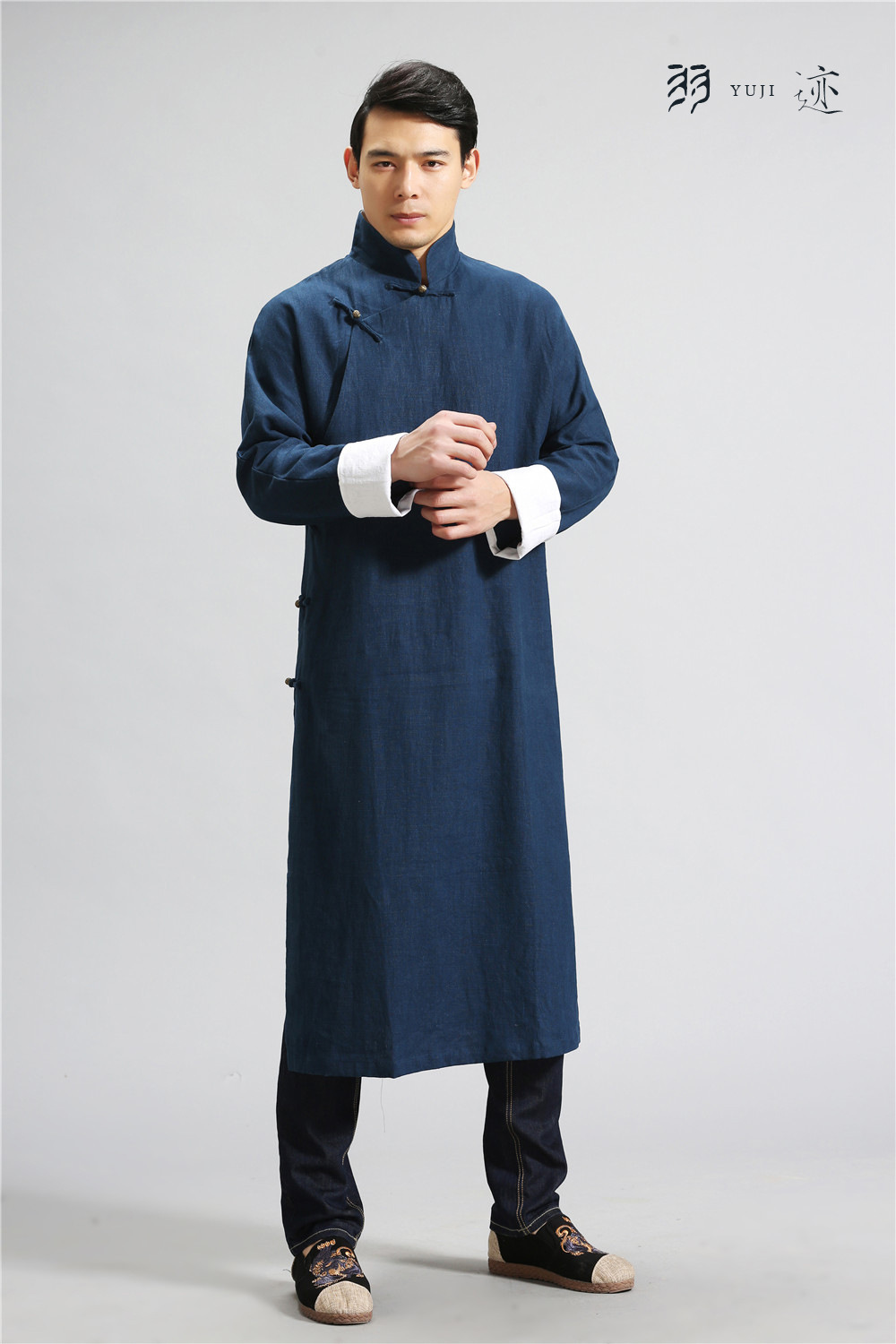 中国风男装民国风麻长袍立领复古唐装宽松长衫演出相声大褂伴郎服