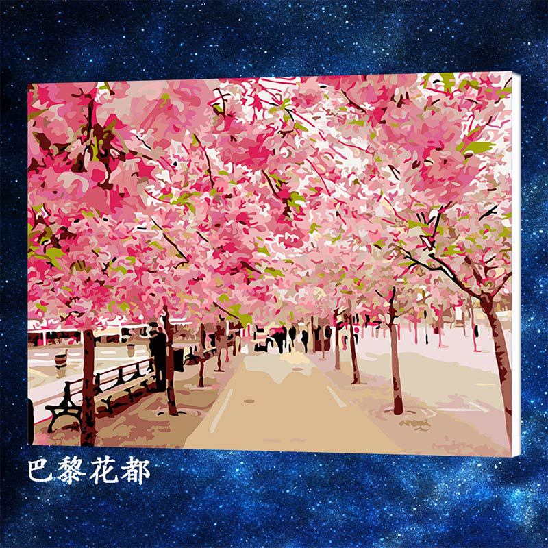 厂家供应唯美数字油画 40*50樱花灿烂装饰画 手绘风景数字油画