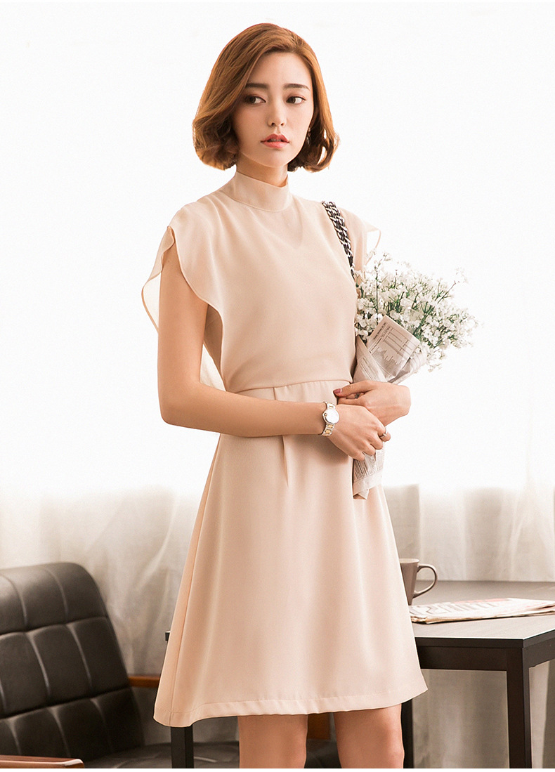2018夏季韩版新款雪纺清凉淑女装a字纯色短袖连衣裙