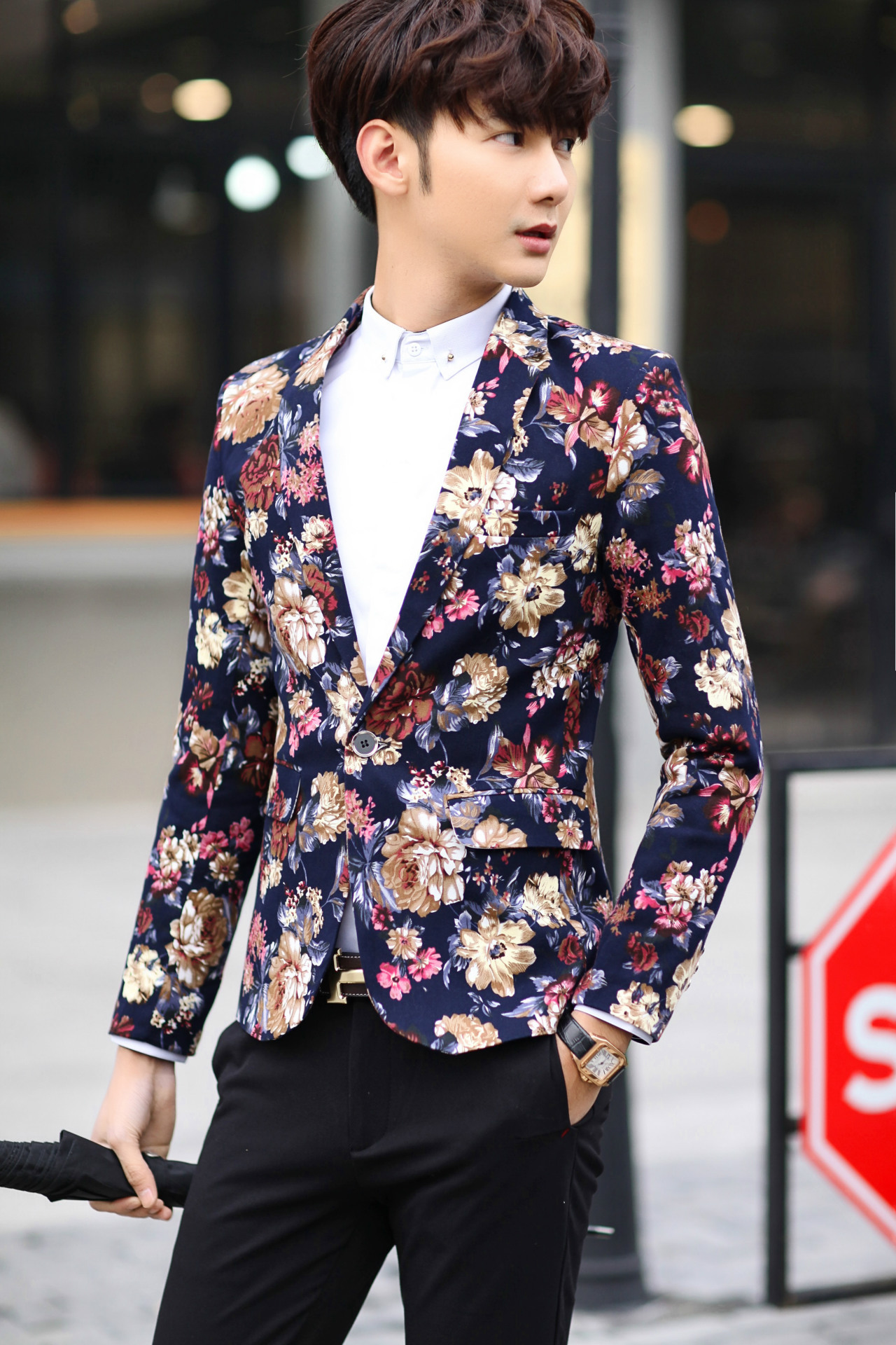 新款男士花纹西装 时尚男士休闲西服 青年