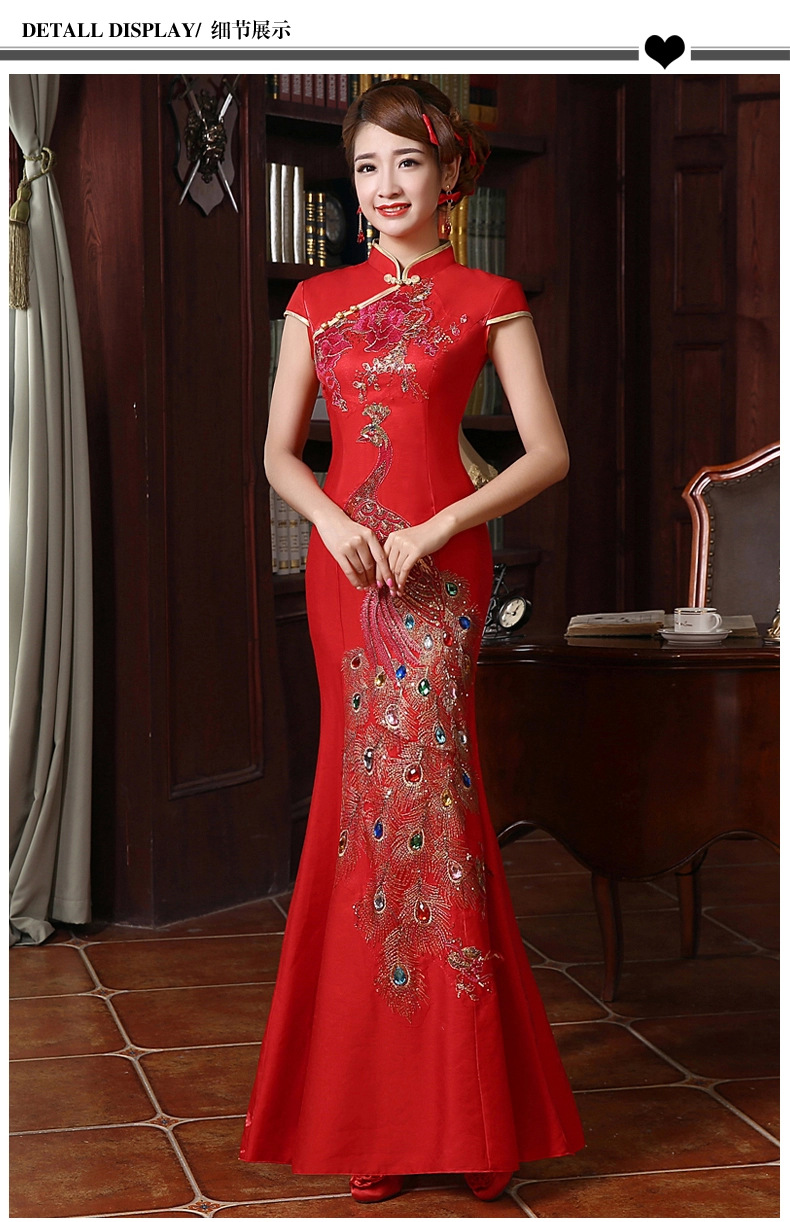 2016新款修身复古改良长旗袍凤凰彩钻新娘结婚敬酒服红色礼服q13