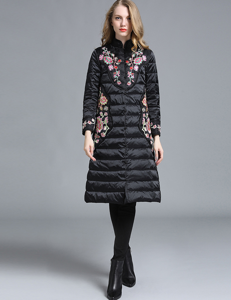 中国风高端刺绣大码女装2016冬装新款修身品牌羽绒服女中长款批发
