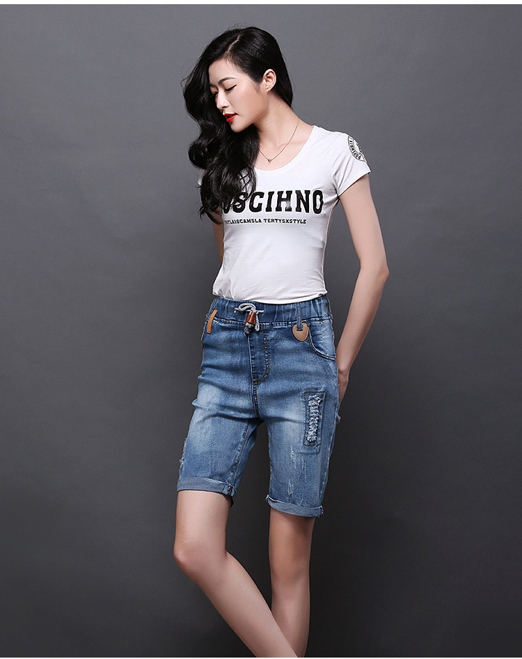 夏季薄款松紧腰牛仔五分裤女宽松5分裤弹力透气大码