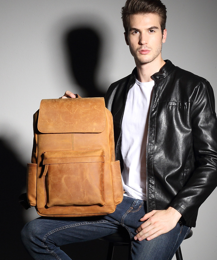 欧美潮流男士真皮大容量双肩包复古疯马皮旅行包牛皮户外休闲背包