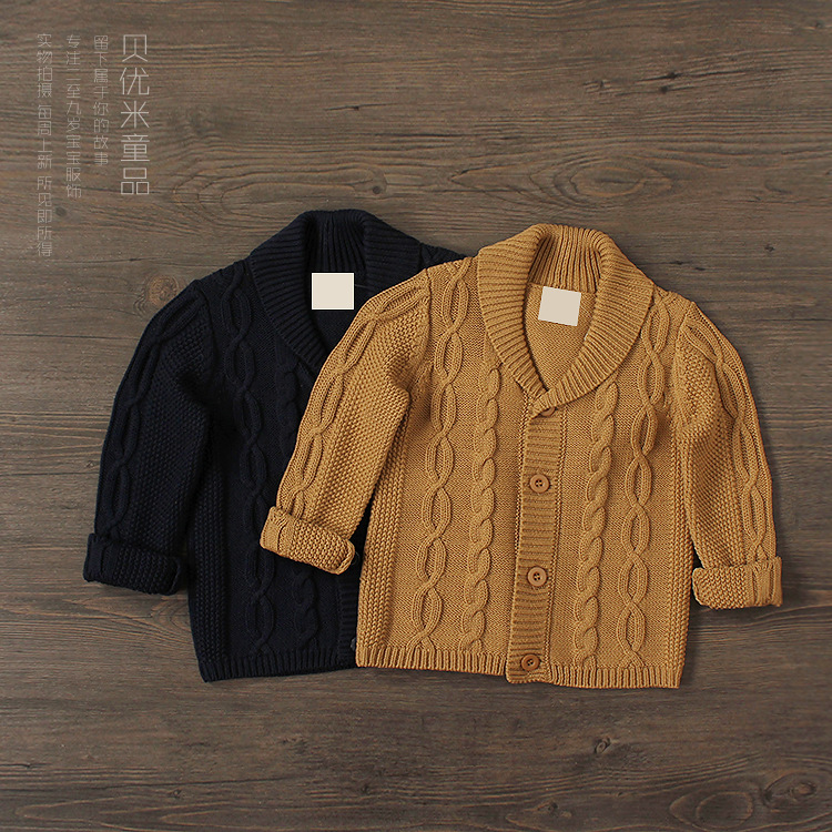 男童毛衣纯棉针织开衫麻花提花青果领毛衣开衫秋冬外贸童装