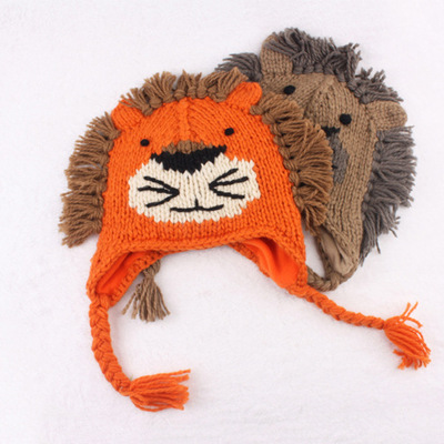 外贸余单秋冬男宝宝护耳帽儿童狮子动物造型厚实保暖帽潮童帽