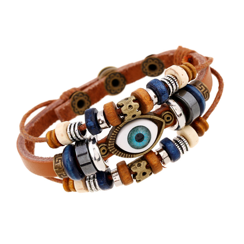 Cross-Border Popular Ornament New Beaded Eyes Cattle Leather Bracelet Pull-out Adjustable Couple Leather Bracelet European and American Style Jewelry
