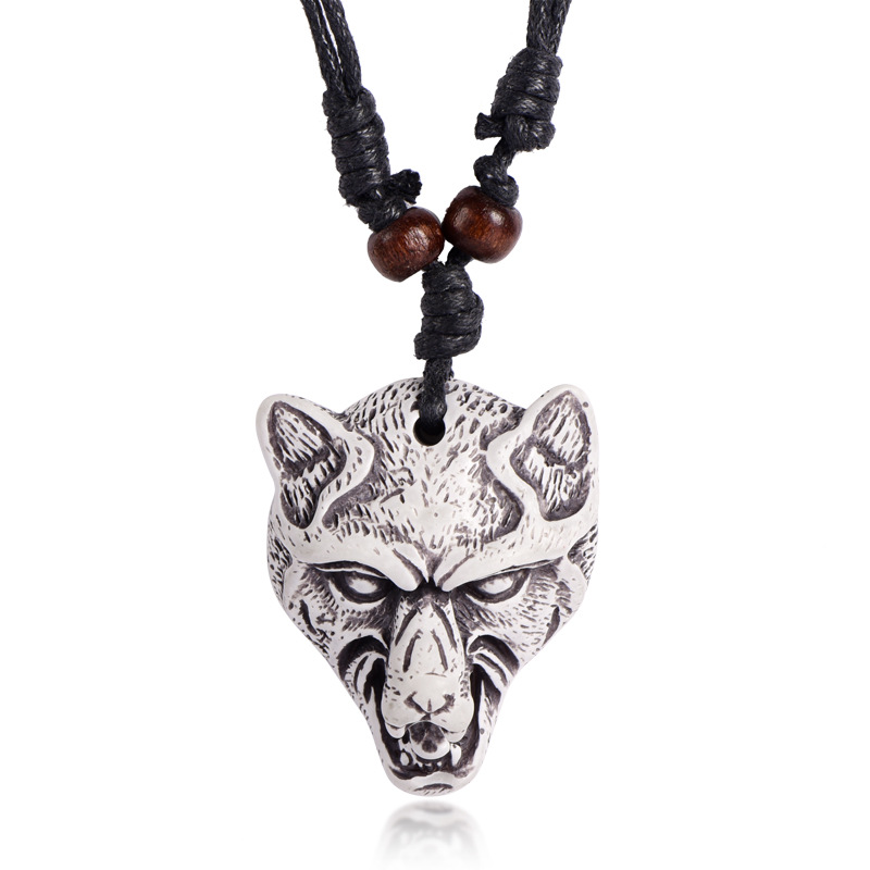霸气复古男士狼头项链批发 白色树脂吊坠民族风配饰挂链外贸新款