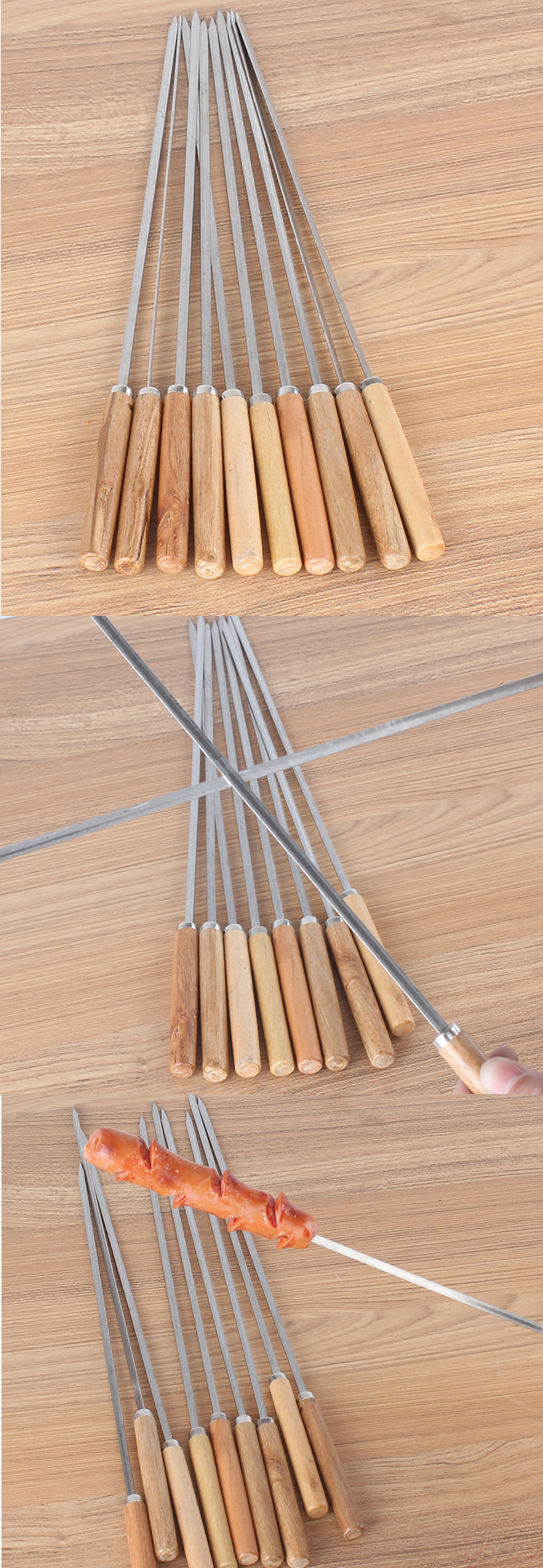 厂家直销 木柄不锈钢烤签扁平针羊肉串签子钢针烤针