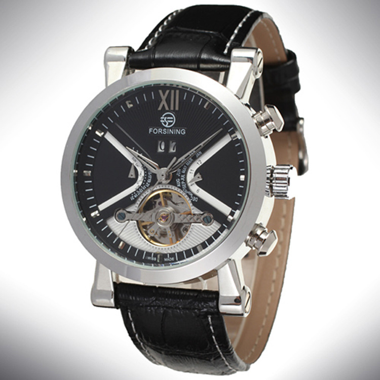 forsining运动机械手表罗马刻度带日历镂空机械皮带手表2371
