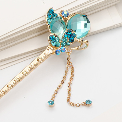 2018创意款饰品韩版发插水晶簪子蝴蝶韩版发簪步摇流苏定制批发